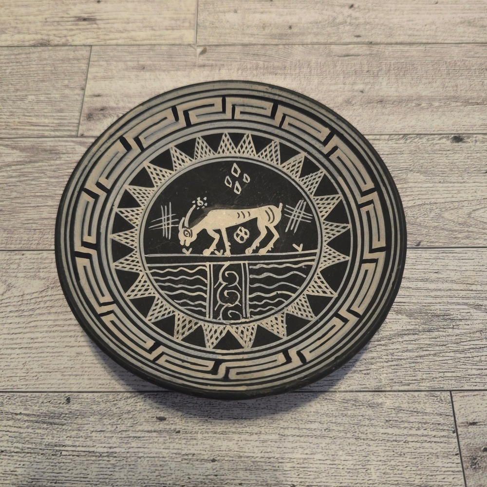 Handmade Greek Ceramic Plate Black‎ White Sgraffito Goat Meander Design 4.5 Inch